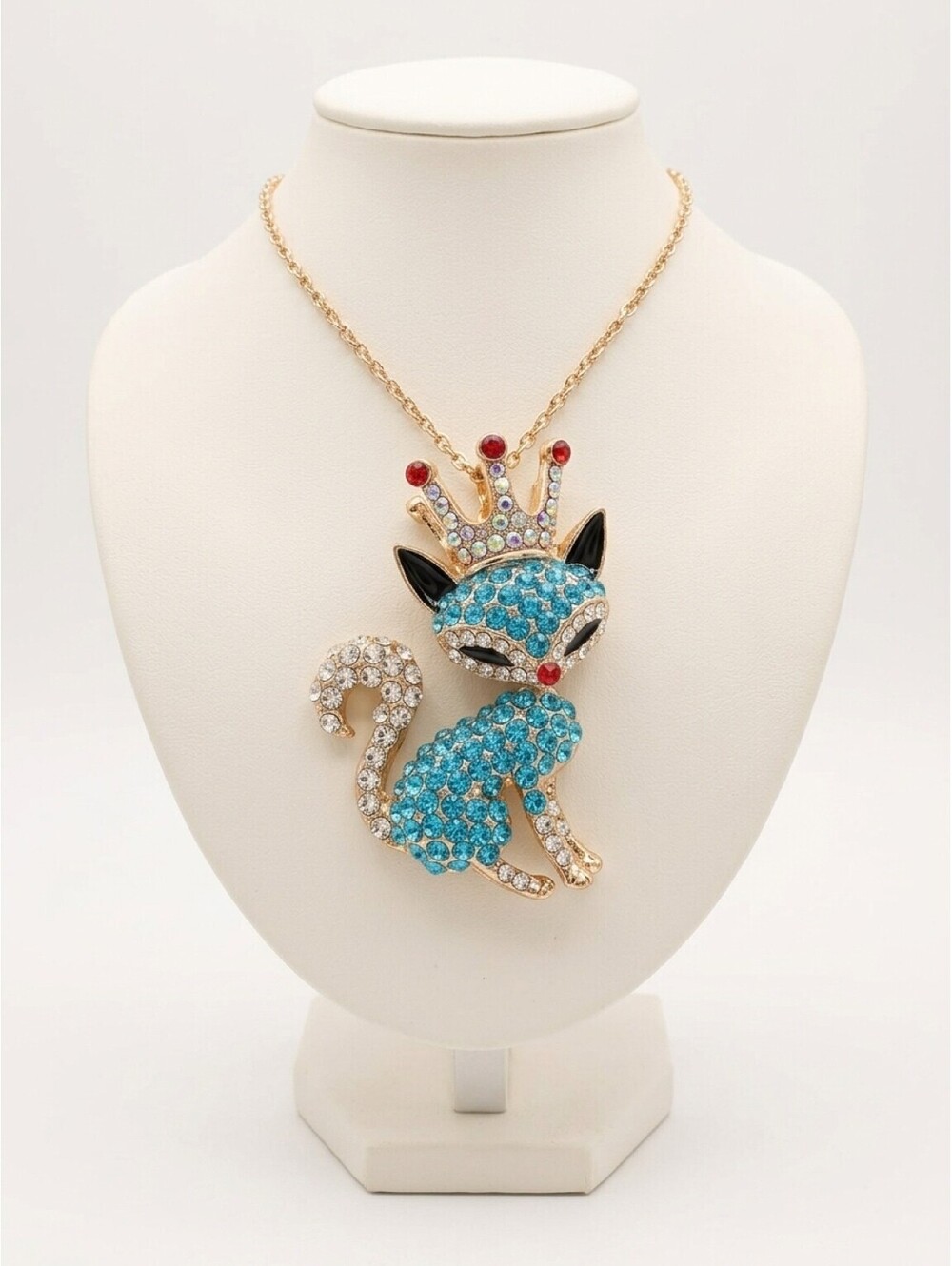 Gold Tone Blue Rhinestone Crowned Cat Pendant Necklace Articulated 26"